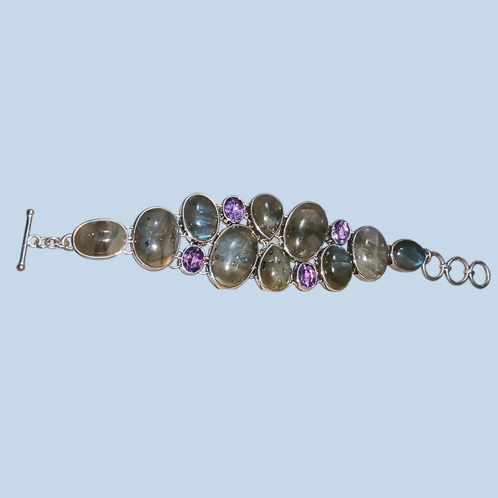 Sterling Silver Labradorite & Amethyst Statement Bracelet